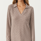 Long Sleeve Ribbed Knit Top with Collared V-Neck and Chest Pocket