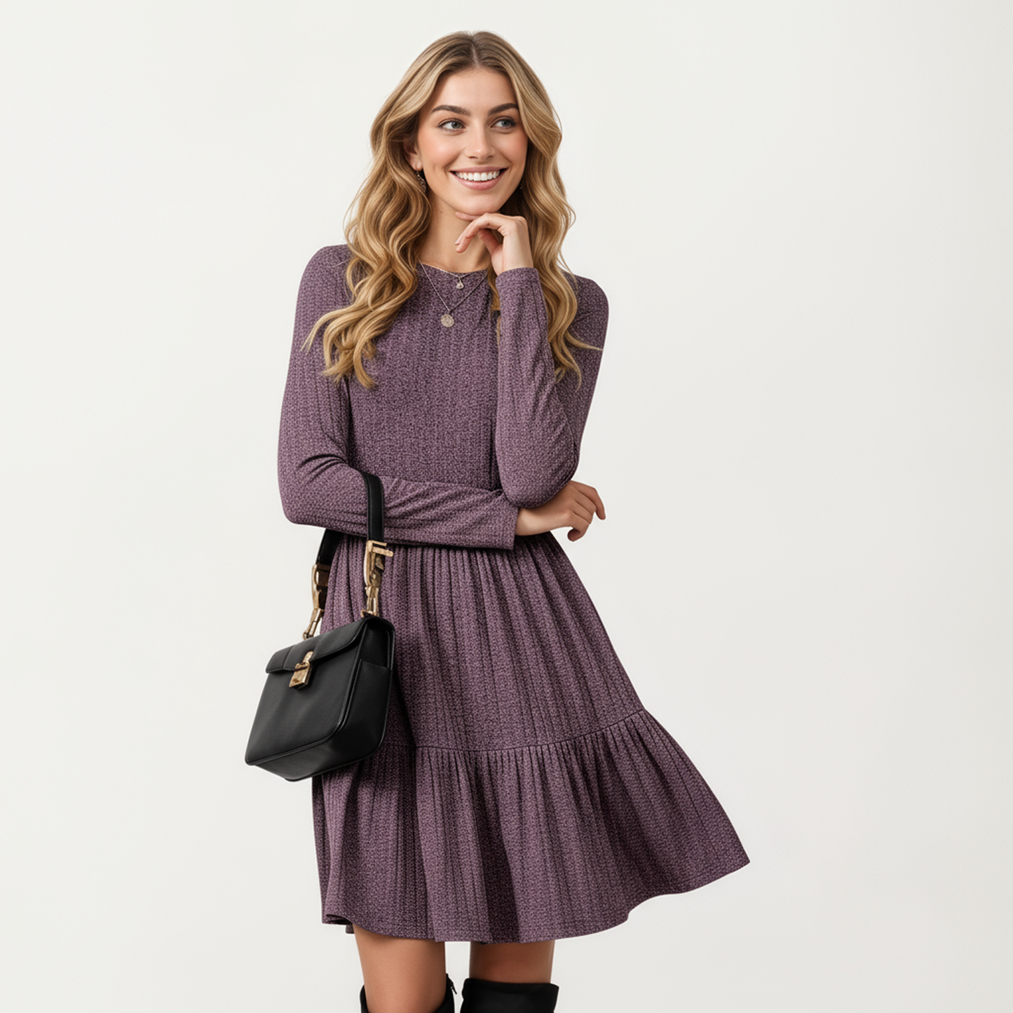 Long Sleeve Tiered Skater Dress with Fitted Bodice and Flowy Hem