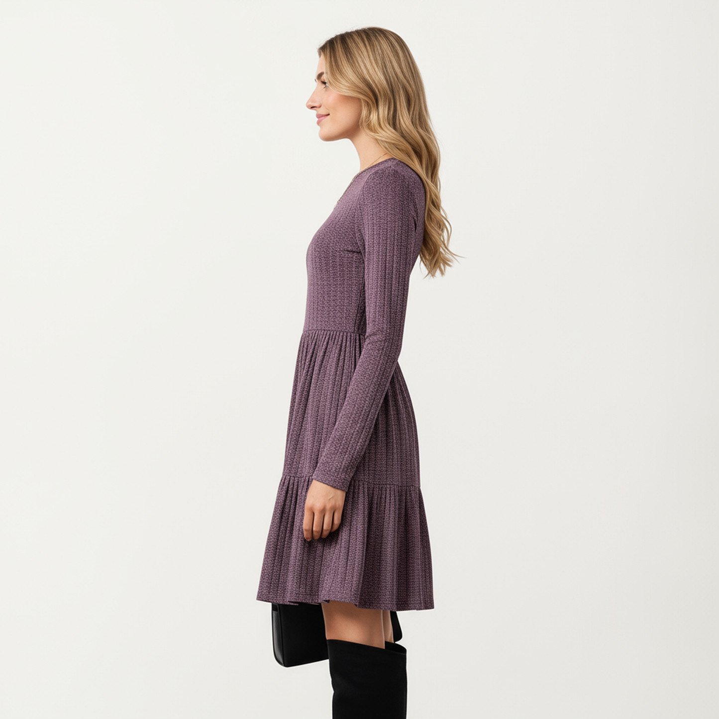 Long Sleeve Tiered Skater Dress with Fitted Bodice and Flowy Hem