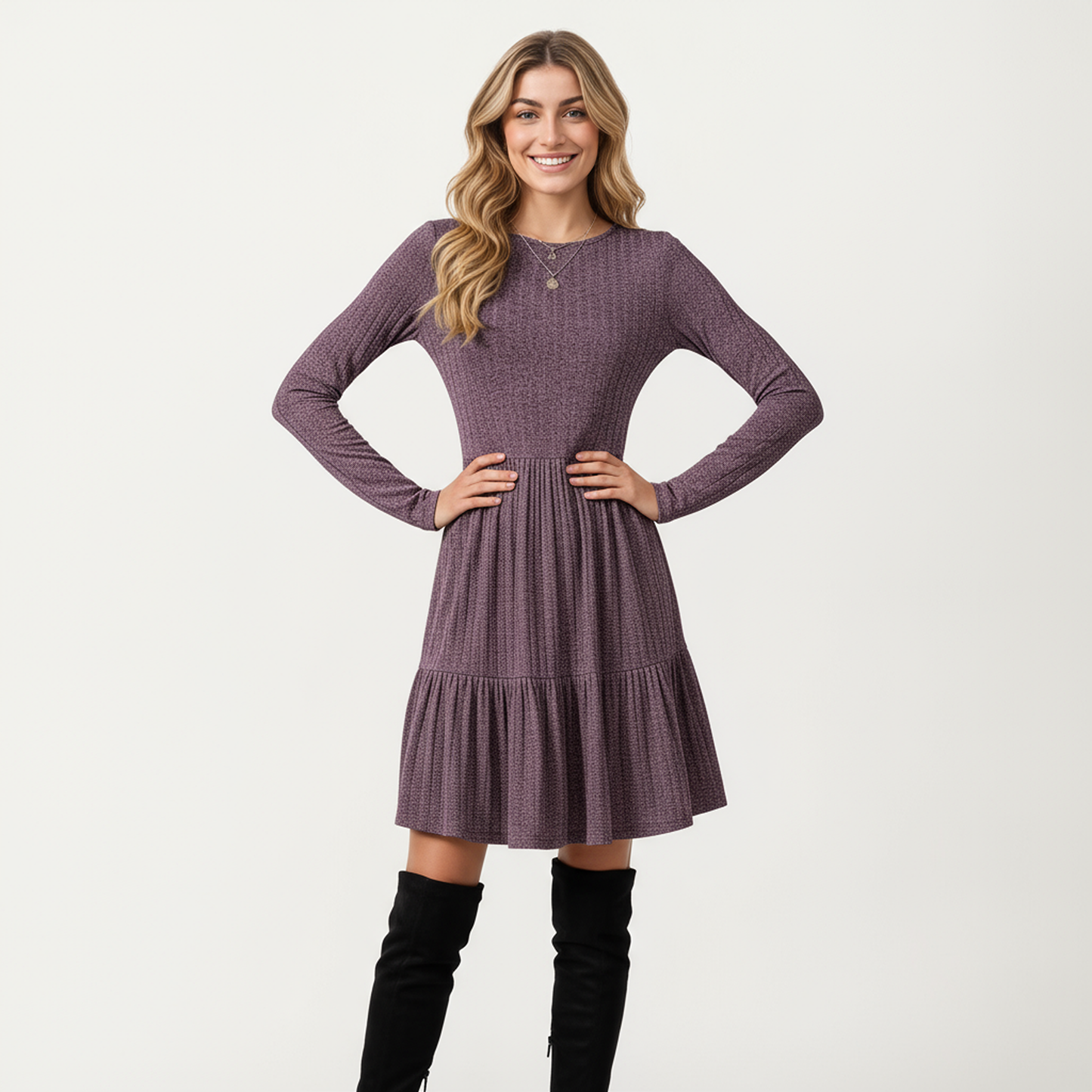 Long Sleeve Tiered Skater Dress with Fitted Bodice and Flowy Hem