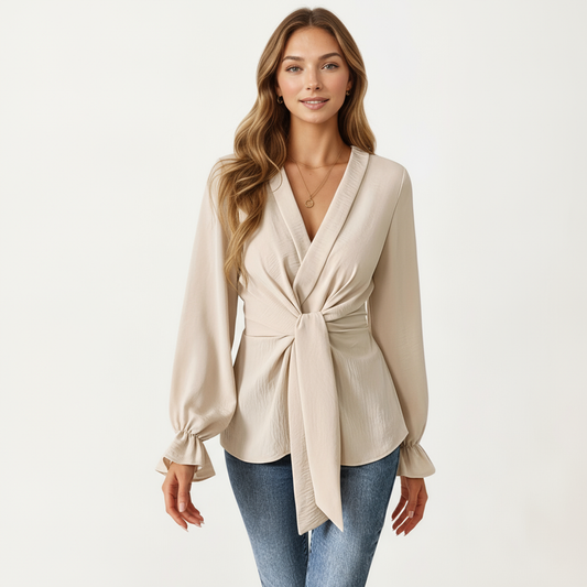 Long Sleeve Wrap Front Blouse with Waist Tie and V-Neckline