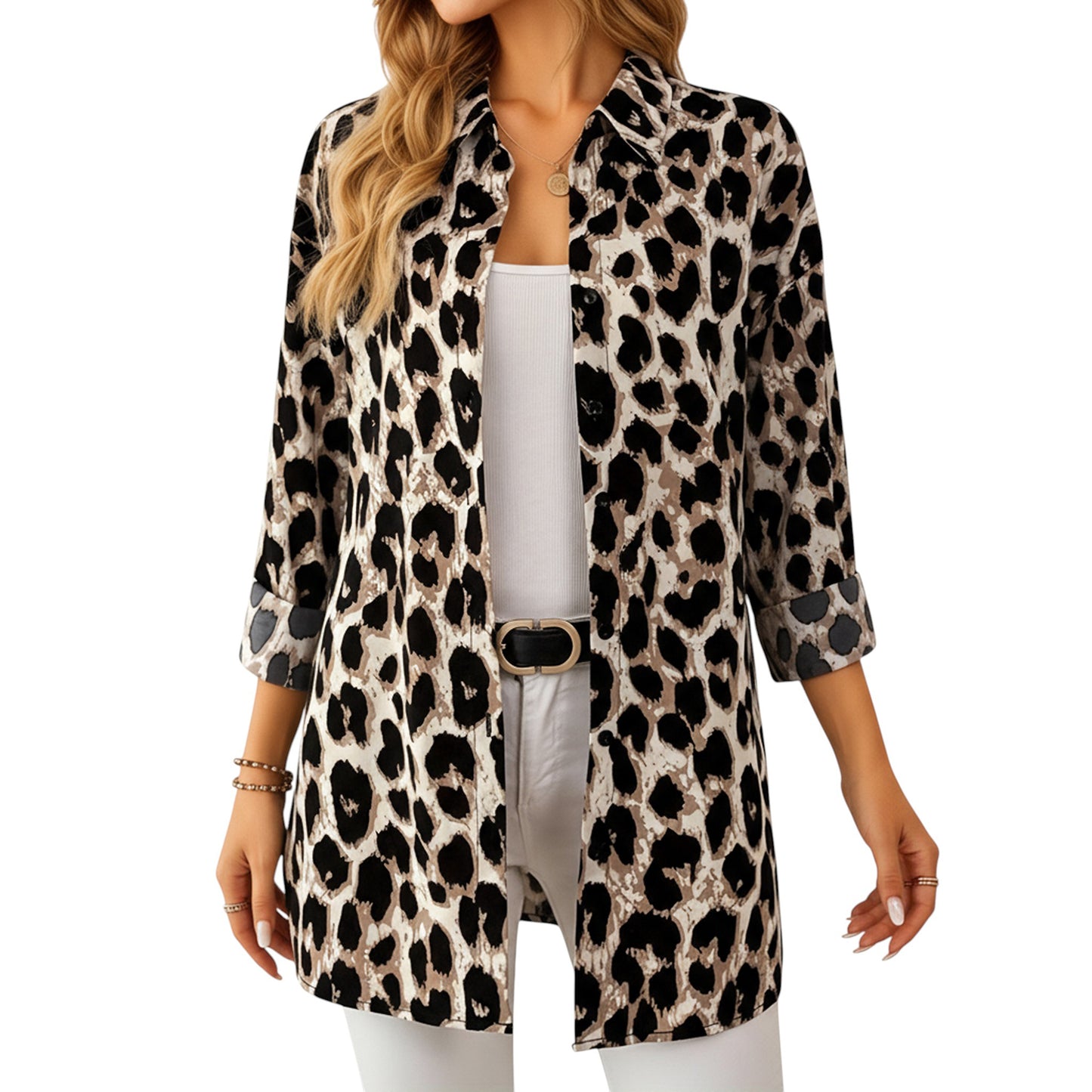 Leopard Print Button-Up Long Sleeve Shirt with Collared Neckline