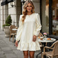 Long Sleeve Quilted Dress with Puff Shoulder Detail and Ruffled Hem