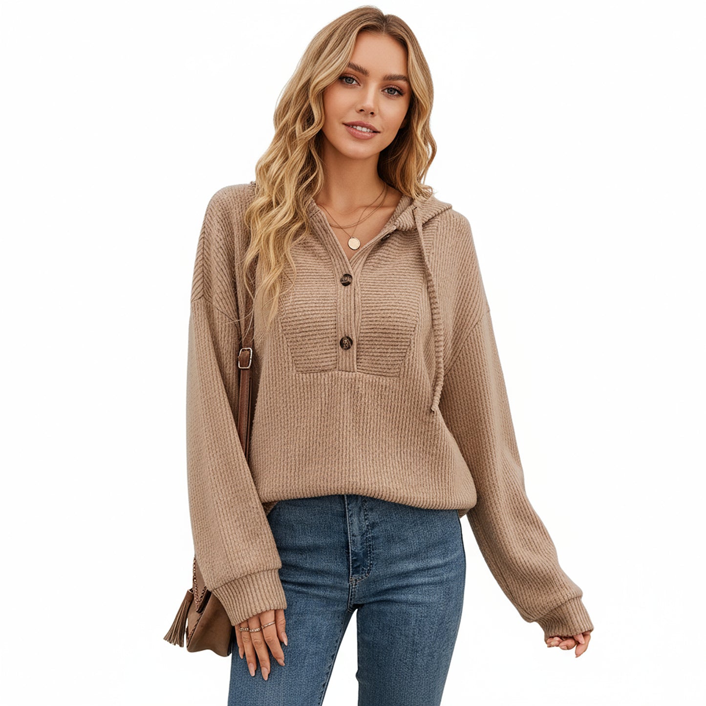 Ribbed Knit Long Sleeve Hoodie Top with Button Front Placket