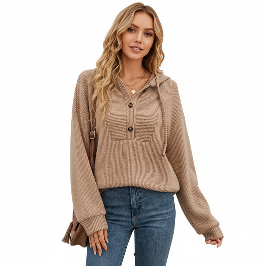 Ribbed Knit Long Sleeve Hoodie Top with Button Front Placket