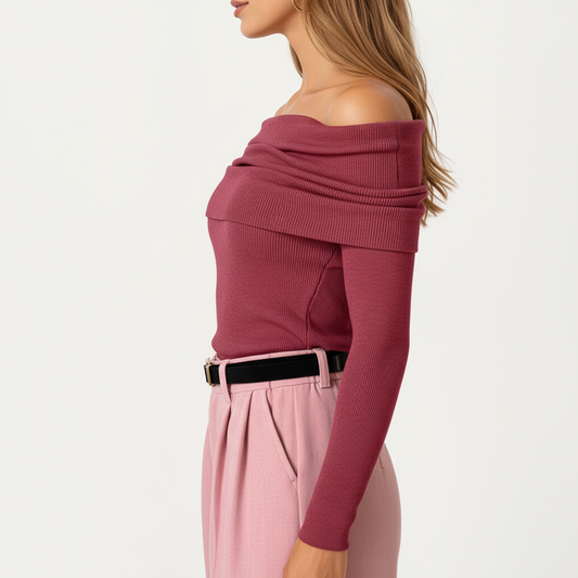Off-Shoulder Ribbed Knit Long Sleeve Top with Foldover Neckline