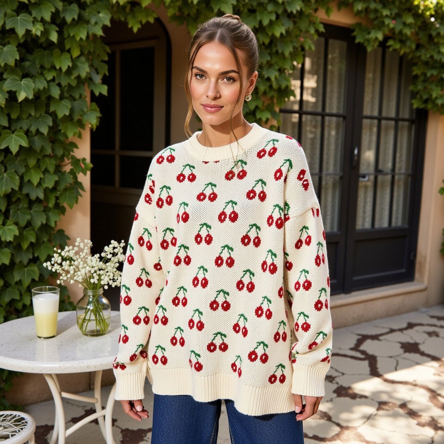 Long Sleeve Pullover Knit Sweater with Cherry Pattern