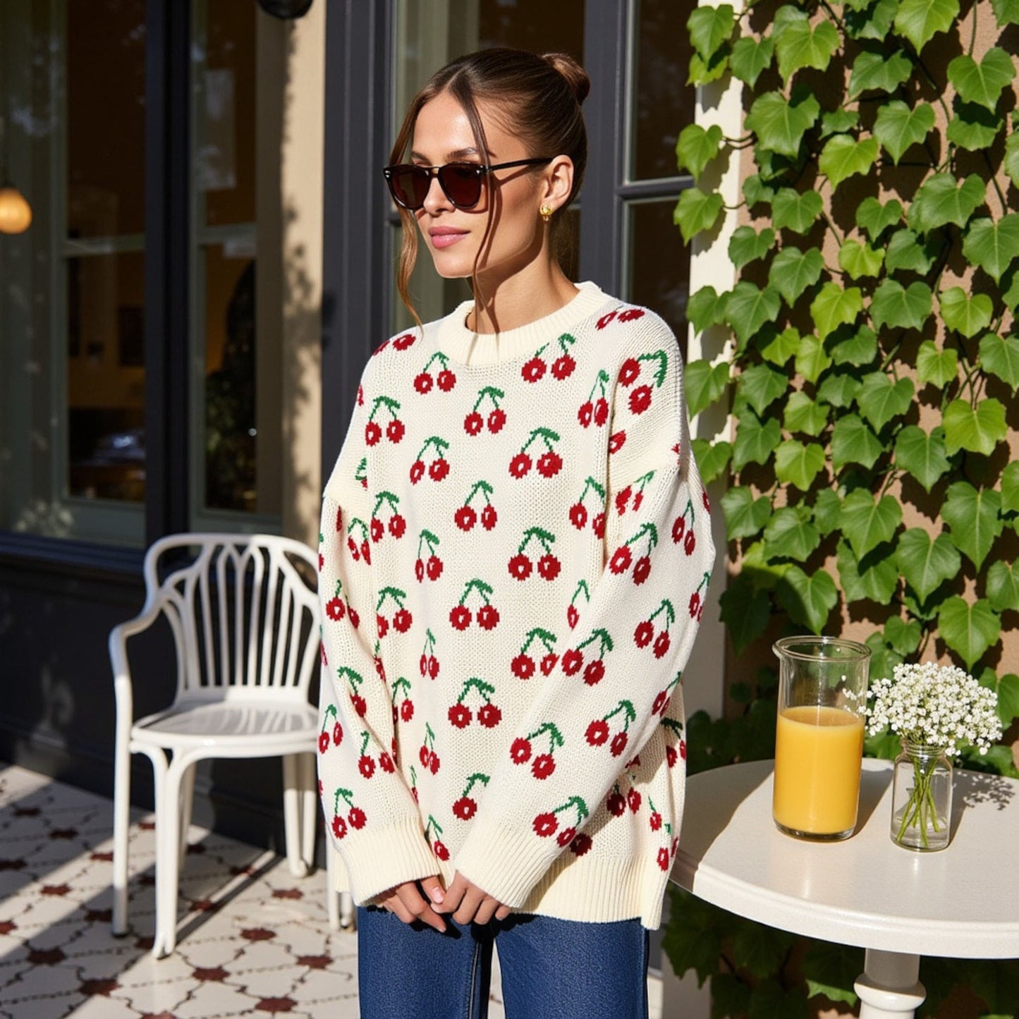 Long Sleeve Pullover Knit Sweater with Cherry Pattern