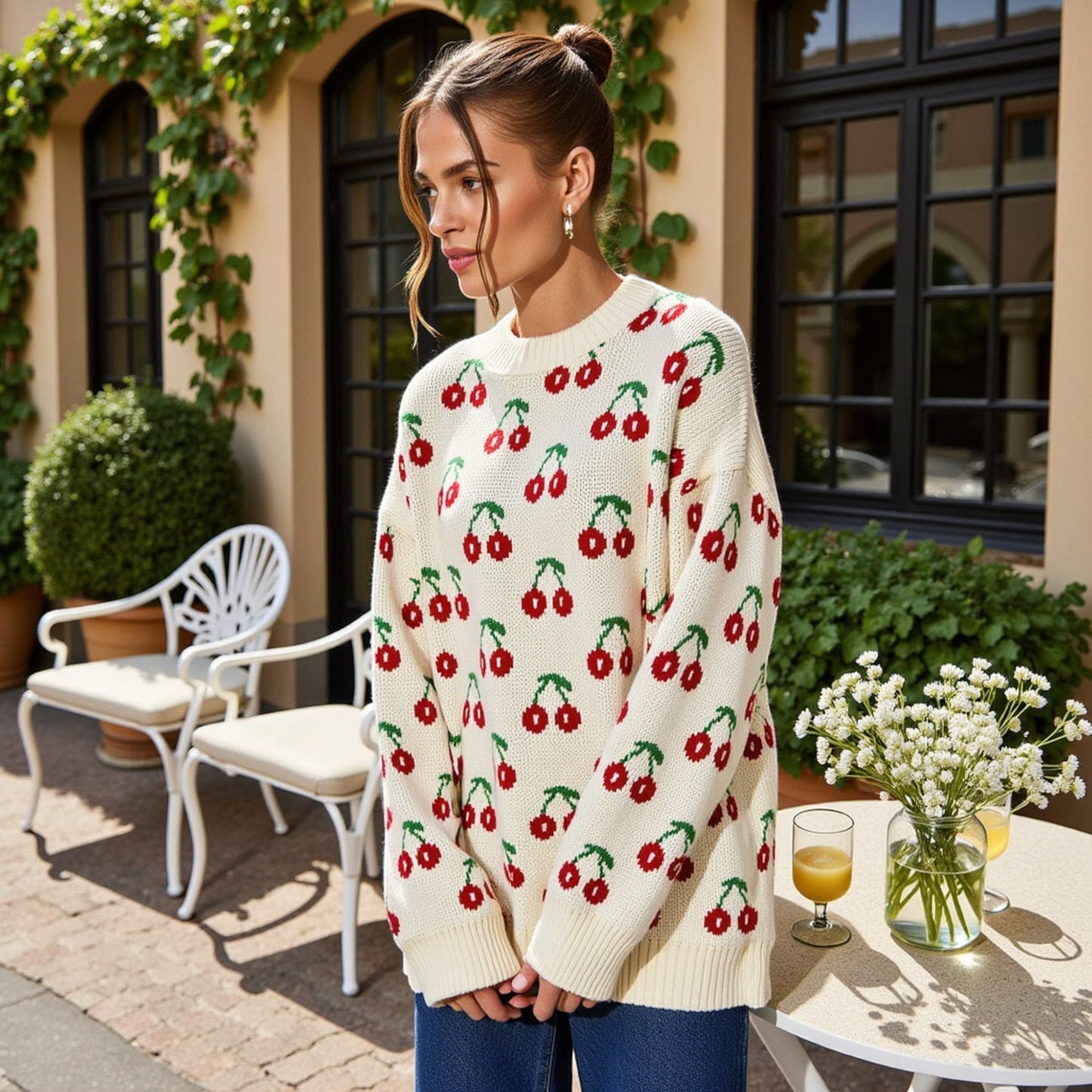 Long Sleeve Pullover Knit Sweater with Cherry Pattern