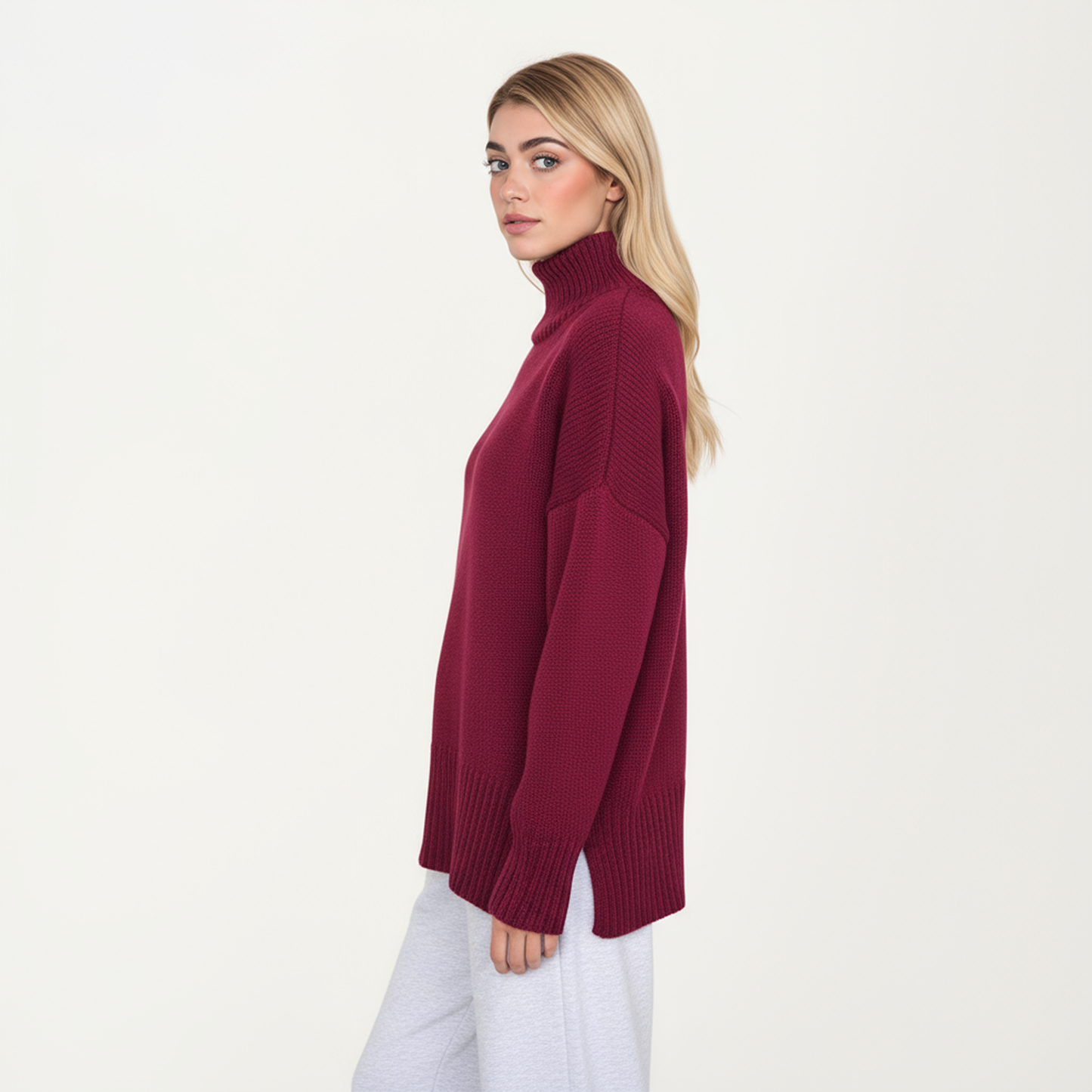 Oversized Turtleneck Sweater with Long Sleeves and Ribbed Hem