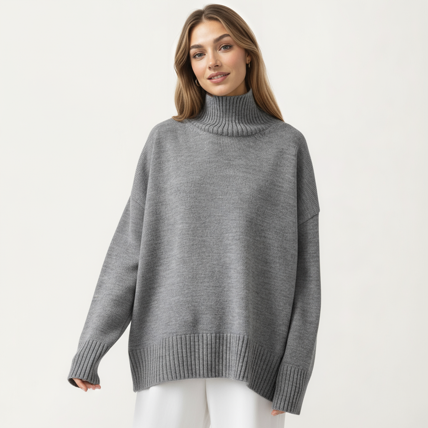Oversized Turtleneck Sweater with Long Sleeves and Ribbed Hem