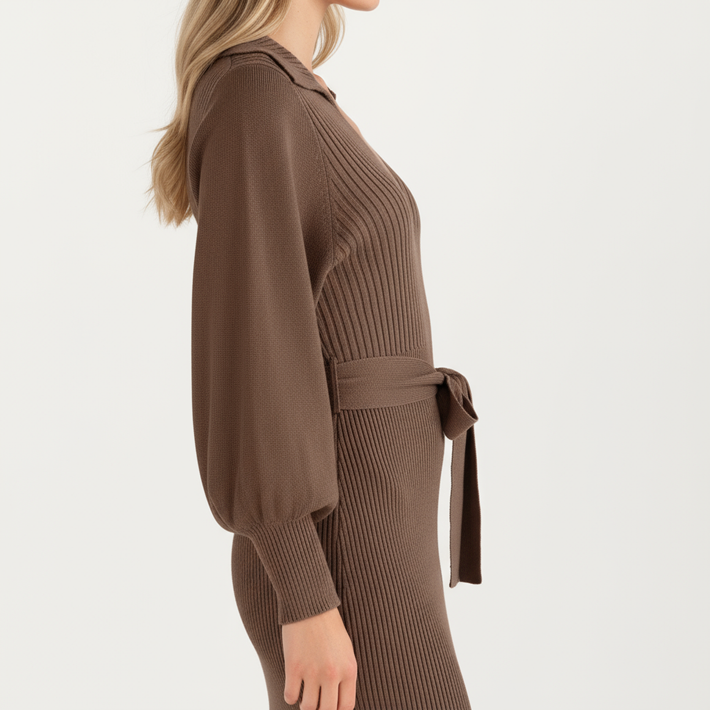 Long Sleeve Ribbed Knit Midi Dress with V-Neck and Waist Tie