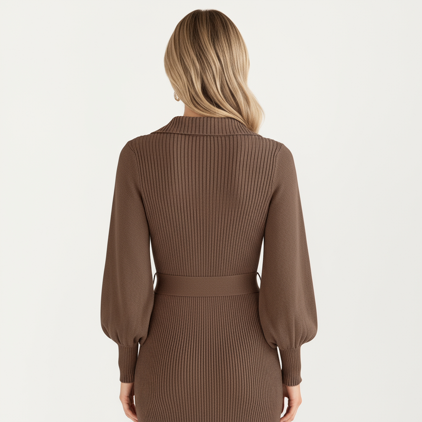Long Sleeve Ribbed Knit Midi Dress with V-Neck and Waist Tie