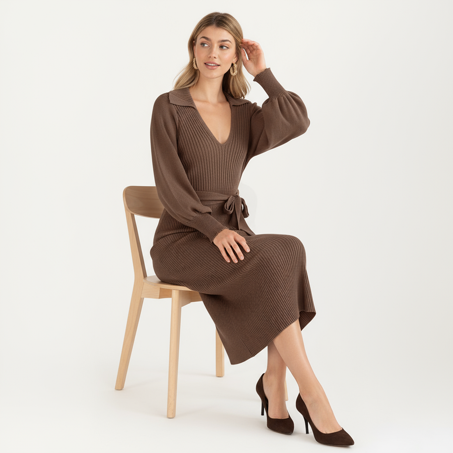 Long Sleeve Ribbed Knit Midi Dress with V-Neck and Waist Tie