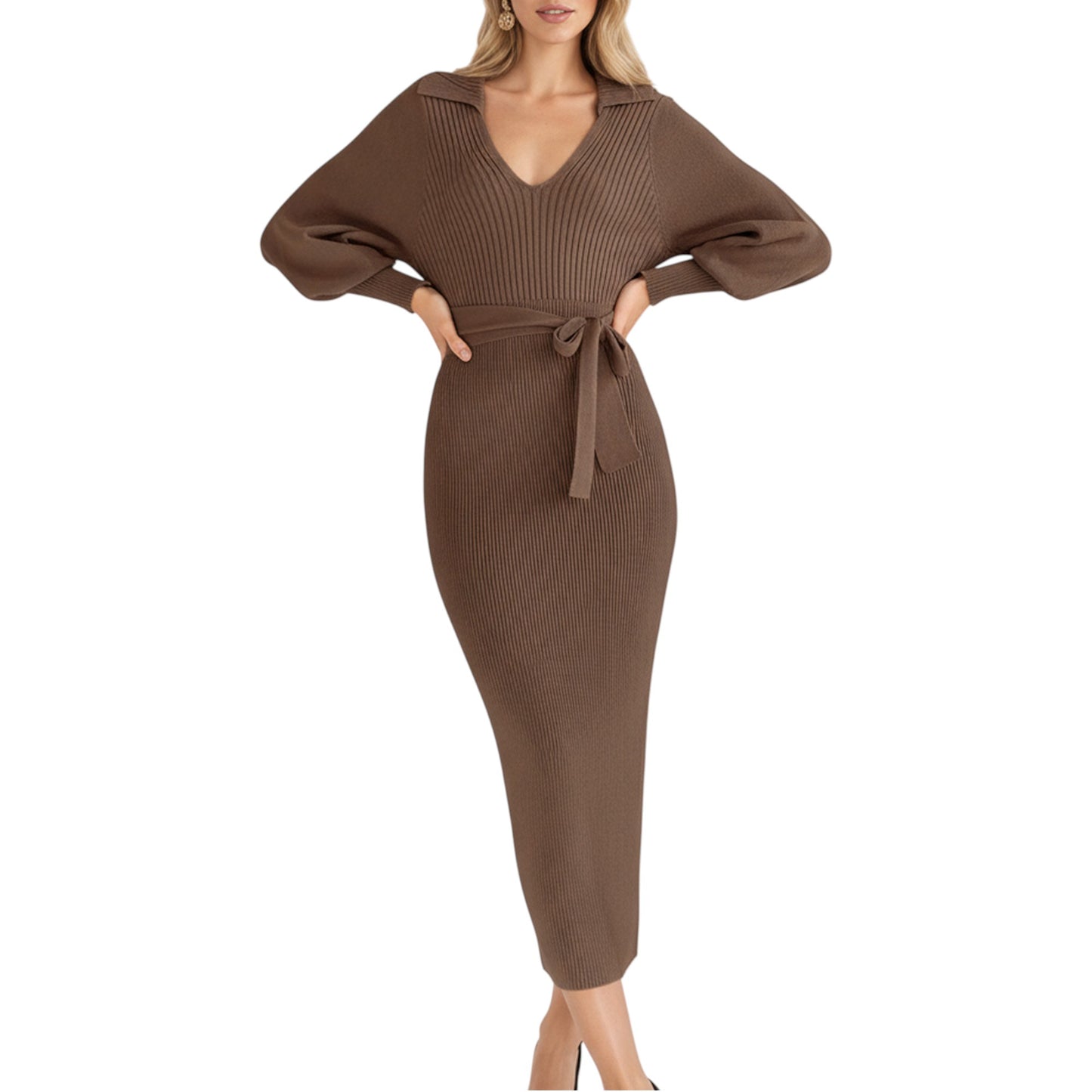 Long Sleeve Ribbed Knit Midi Dress with V-Neck and Waist Tie