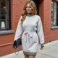 Long Sleeve Sweater Dress with Striped Trim and Waist Tie