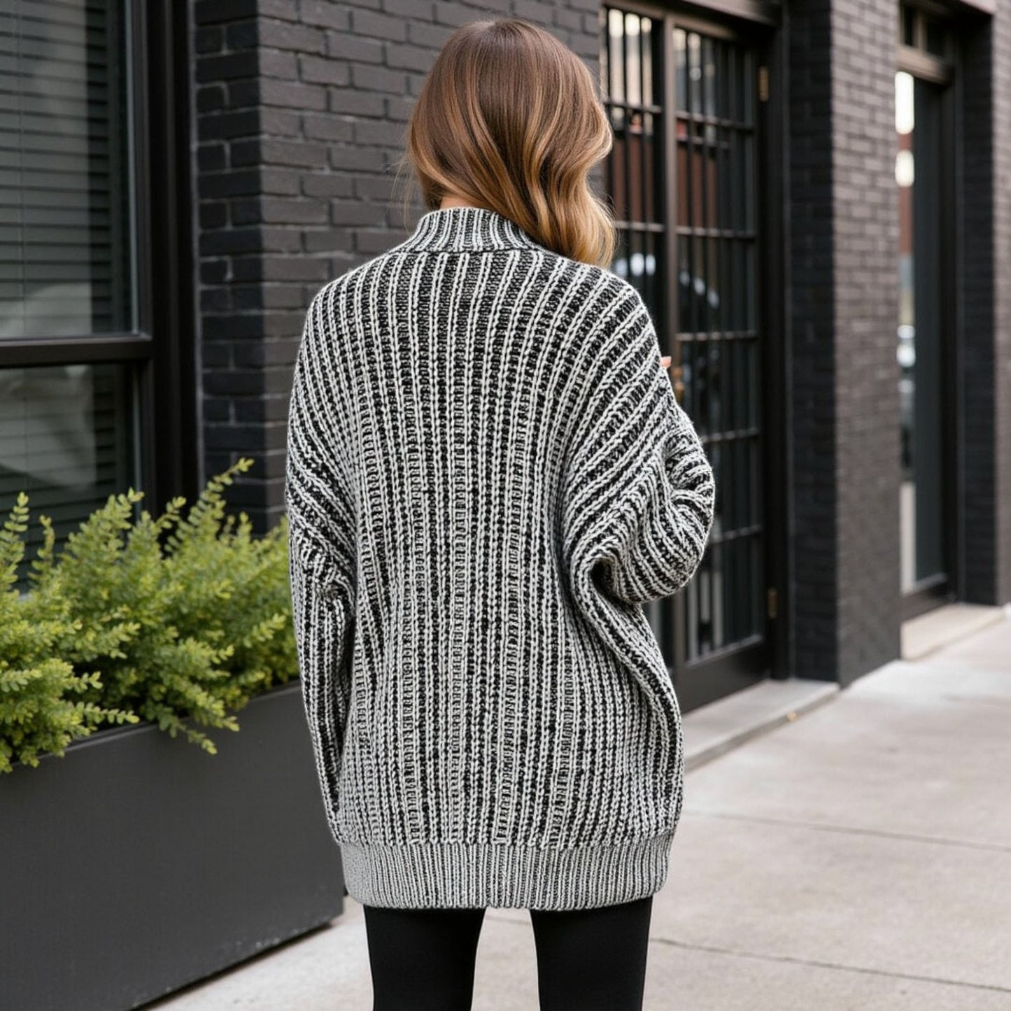 Striped Knit Cardigan with Button Front and Drop Shoulder Design