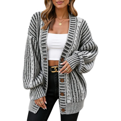 Striped Knit Cardigan with Button Front and Drop Shoulder Design