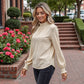 Long Sleeve Textured Blouse with Smocked High Neckline and Cuffed Sleeves