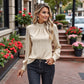 Long Sleeve Textured Blouse with Smocked High Neckline and Cuffed Sleeves