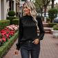 Long Sleeve Textured Blouse with Smocked High Neckline and Cuffed Sleeves