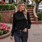 Long Sleeve Textured Blouse with Smocked High Neckline and Cuffed Sleeves