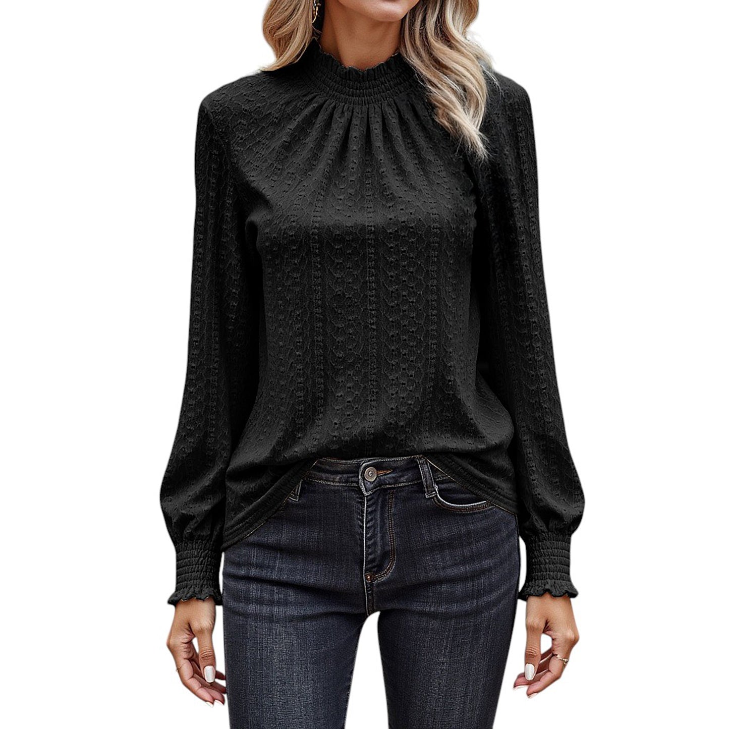 Long Sleeve Textured Blouse with Smocked High Neckline and Cuffed Sleeves