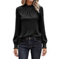 Long Sleeve Textured Blouse with Smocked High Neckline and Cuffed Sleeves