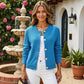 Textured Knit Button-Front Cardigan with Long Sleeves and Ribbed Trim