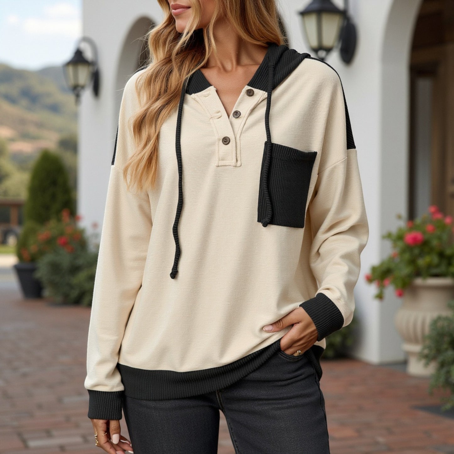 Button Front Hooded Pullover with Front Pocket and Ribbed Trim