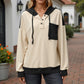 Button Front Hooded Pullover with Front Pocket and Ribbed Trim
