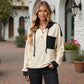 Button Front Hooded Pullover with Front Pocket and Ribbed Trim