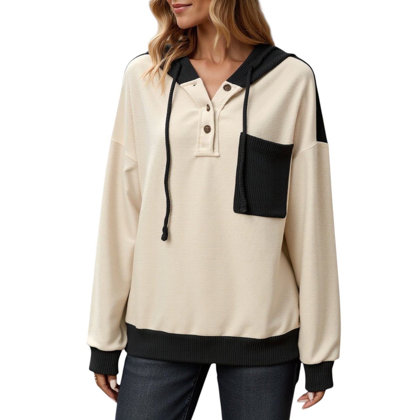 Button Front Hooded Pullover with Front Pocket and Ribbed Trim