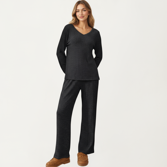 2-Piece Set Off-Shoulder Ribbed Knit Long Sleeve Top and Wide Leg Pants