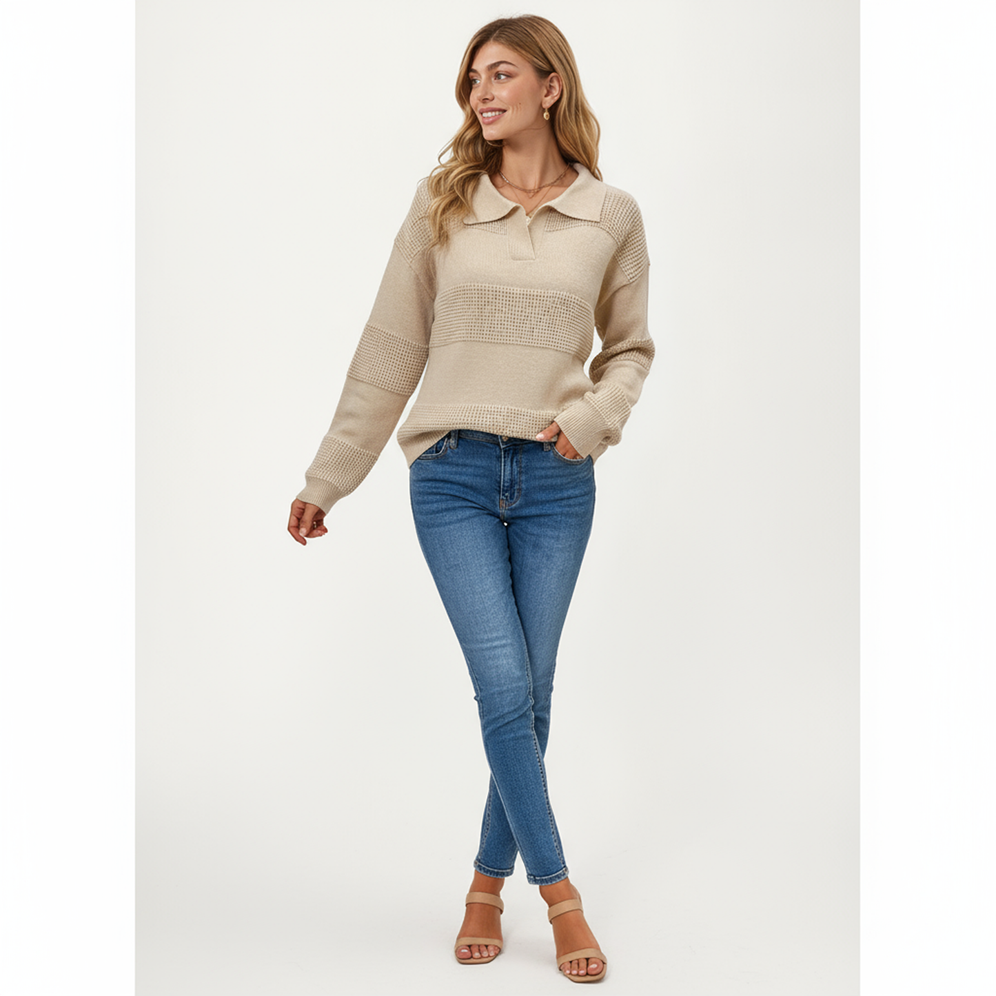 Textured Stripe Knit Pullover Sweater with Polo Collar