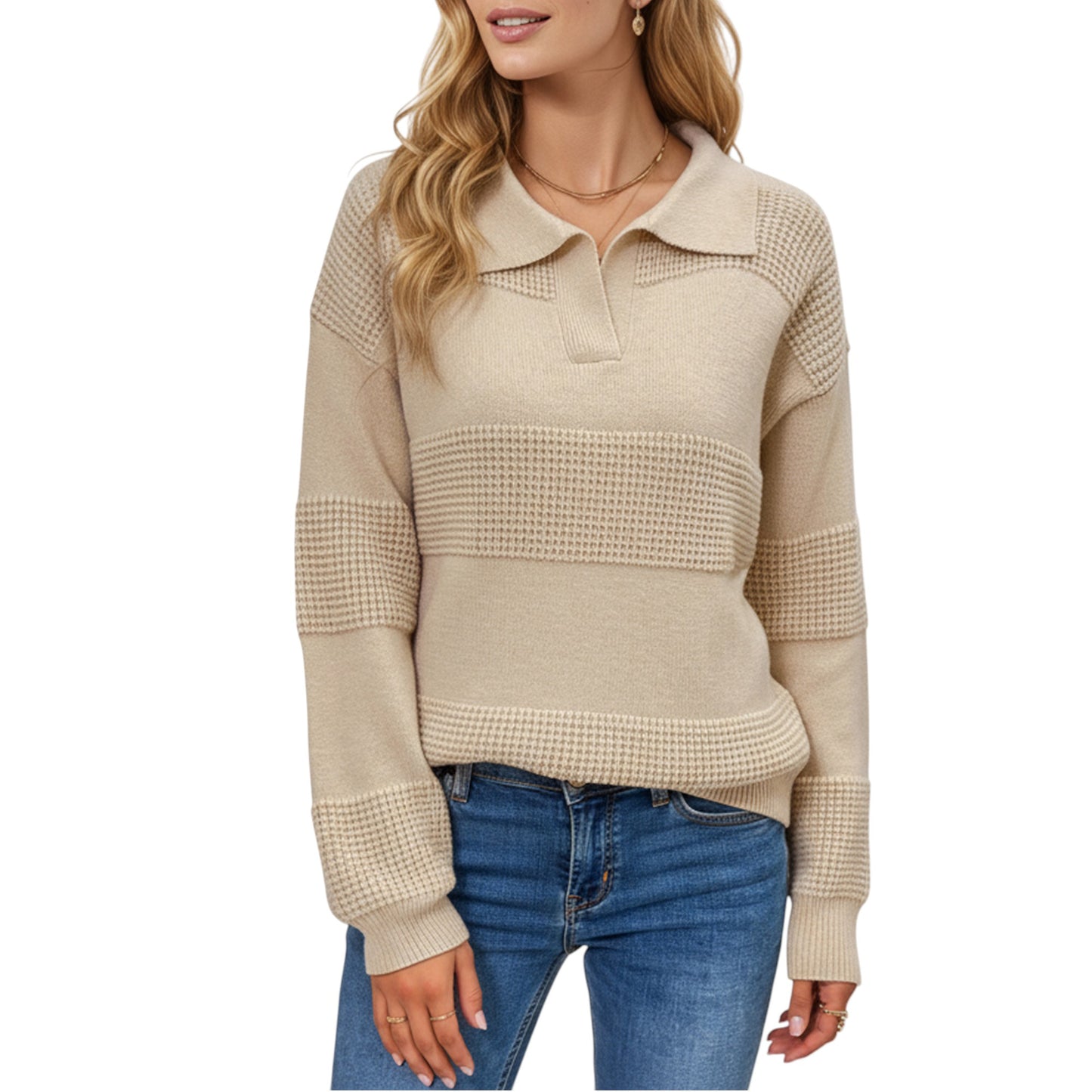 Textured Stripe Knit Pullover Sweater with Polo Collar