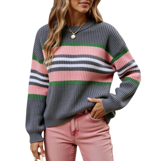 Long Sleeve Striped Knit Sweater with Crew Neck and Relaxed Fit