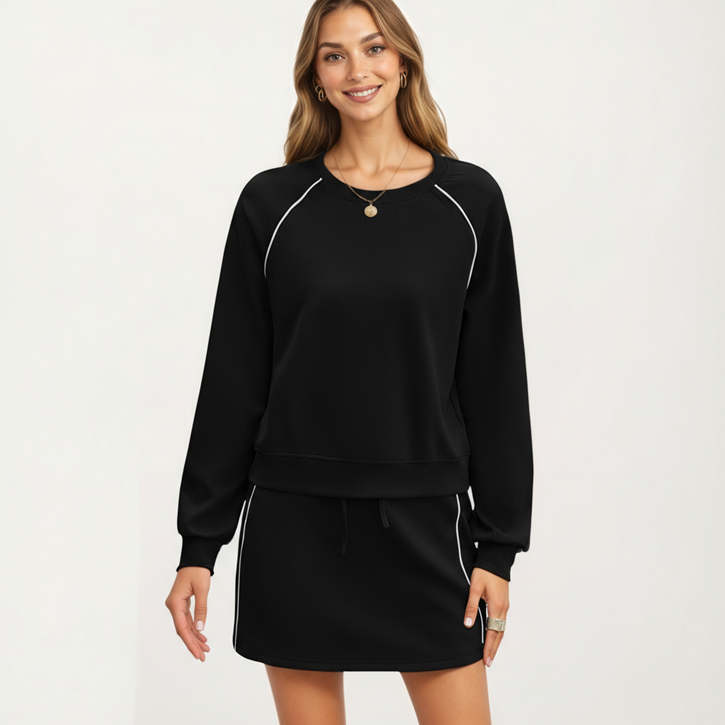 2-Piece Set Long Sleeve Pullover Top with Elastic Waist Mini Skirt