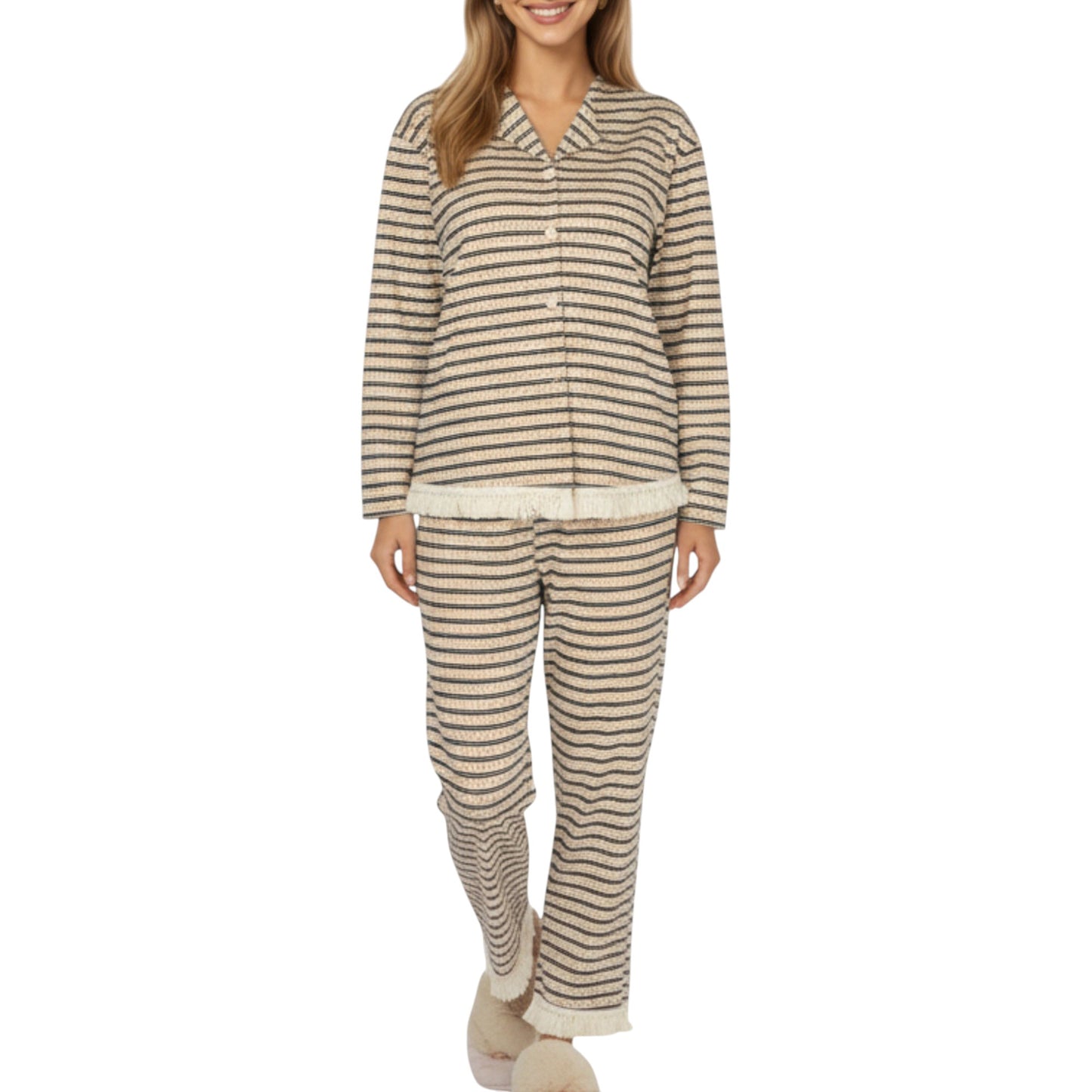 2-Piece Set Long Sleeve Button Front Top with Built-In Chest Pads and Relaxed Fit Pants Pajama Set