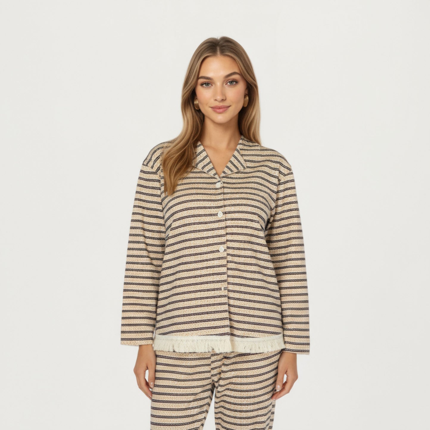 2-Piece Set Long Sleeve Button Front Top with Built-In Chest Pads and Relaxed Fit Pants Pajama Set