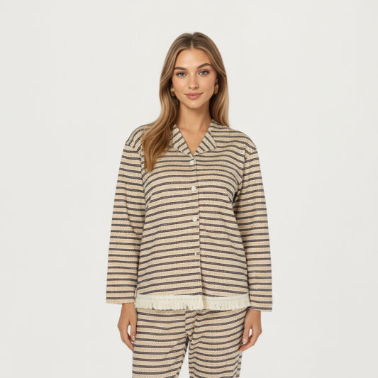 2-Piece Set Long Sleeve Button Front Top with Built-In Chest Pads and Relaxed Fit Pants Pajama Set