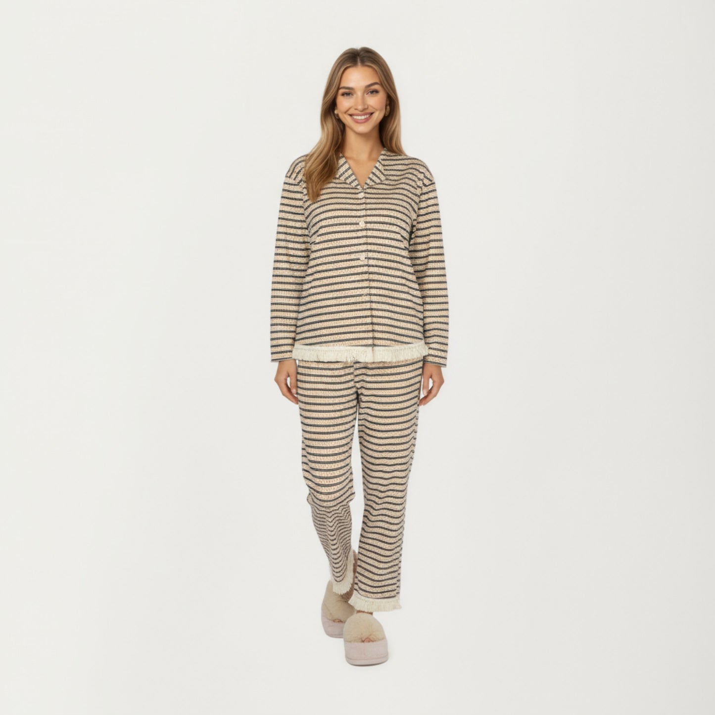 2-Piece Set Long Sleeve Button Front Top with Built-In Chest Pads and Relaxed Fit Pants Pajama Set