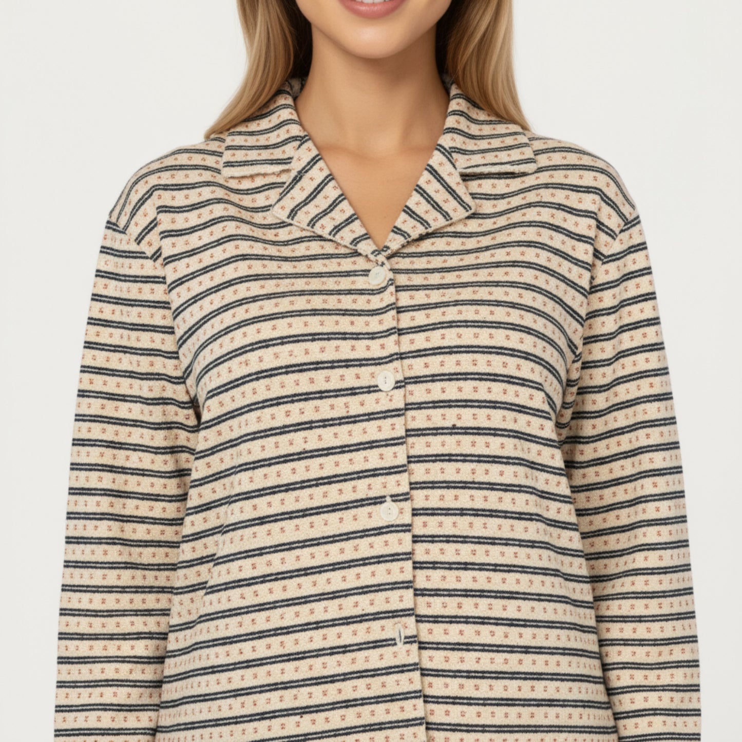 2-Piece Set Long Sleeve Button Front Top with Built-In Chest Pads and Relaxed Fit Pants Pajama Set