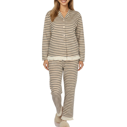2-Piece Set Long Sleeve Button Front Top with Built-In Chest Pads and Relaxed Fit Pants Pajama Set