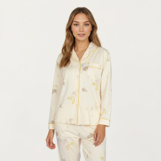 2-Piece Set Long Sleeve Button Front Top and Relaxed Fit Pants Pajama Set with Moon and Star Print