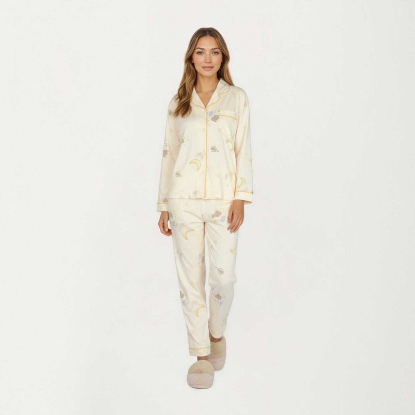 2-Piece Set Long Sleeve Button Front Top and Relaxed Fit Pants Pajama Set with Moon and Star Print