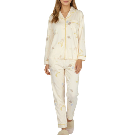 2-Piece Set Long Sleeve Button Front Top and Relaxed Fit Pants Pajama Set with Moon and Star Print