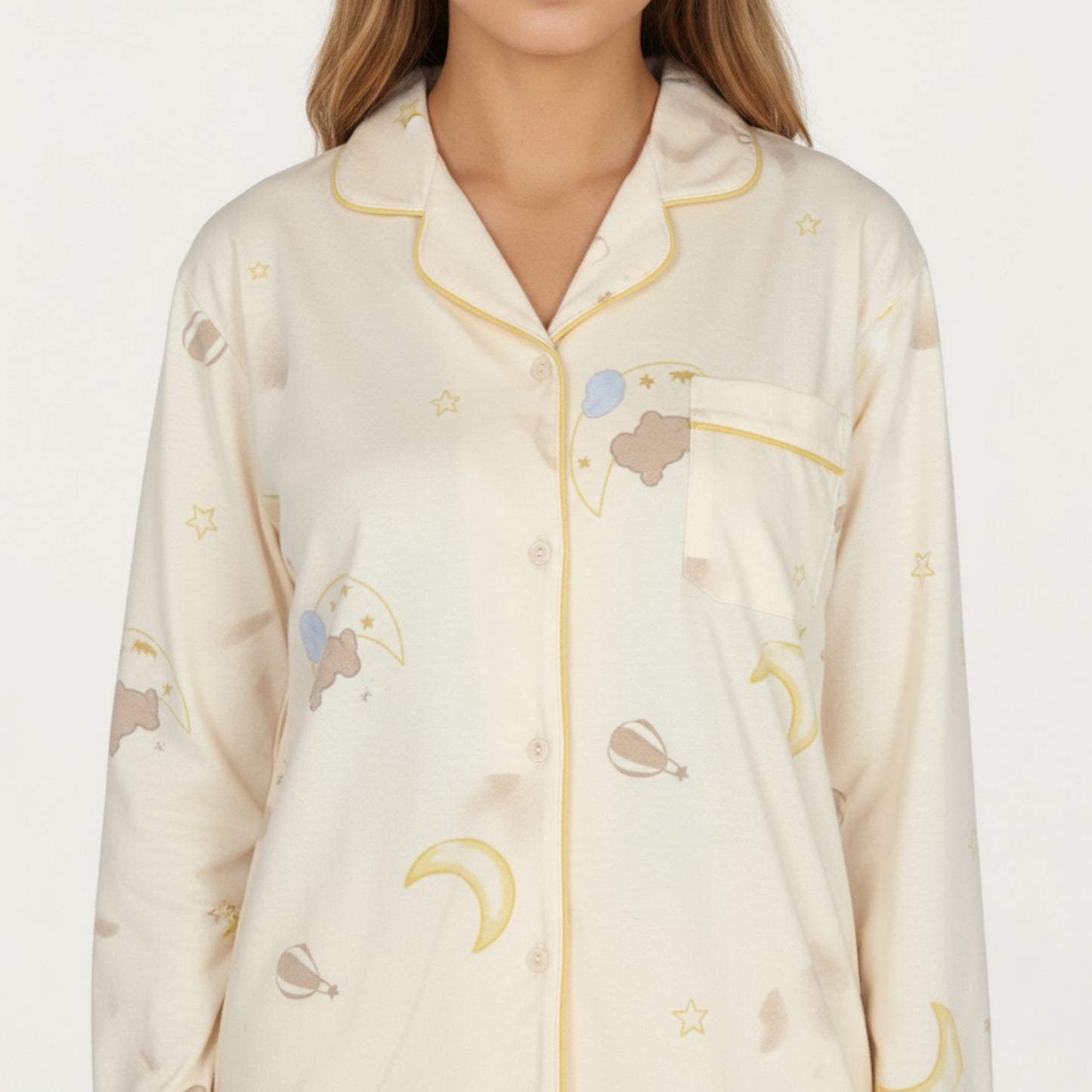 2-Piece Set Long Sleeve Button Front Top and Relaxed Fit Pants Pajama Set with Moon and Star Print