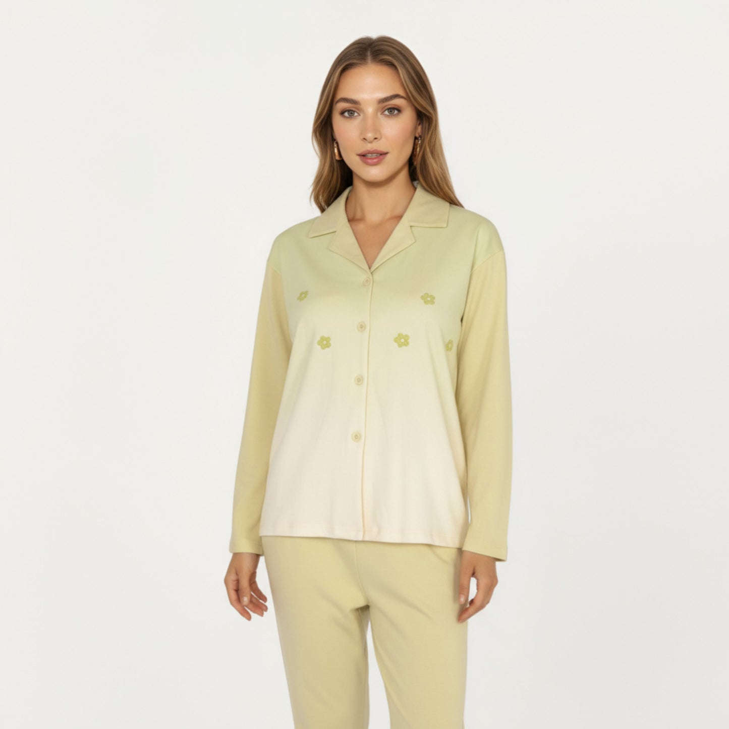 2-Piece Set Long Sleeve Button Front Top and Relaxed Fit Pants Pajama Set with Minimalist Floral Detail