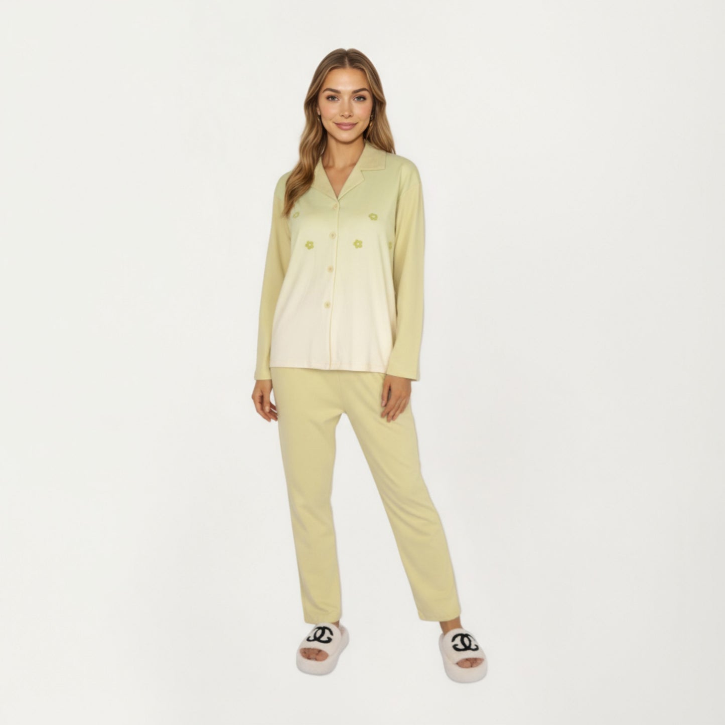 2-Piece Set Long Sleeve Button Front Top and Relaxed Fit Pants Pajama Set with Minimalist Floral Detail
